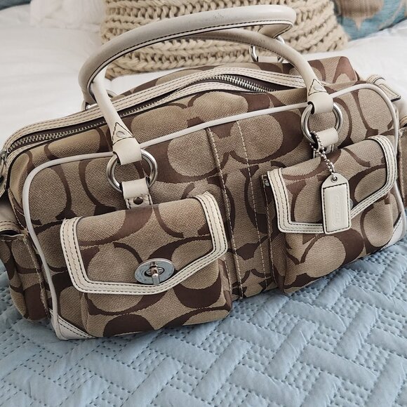 Vintage Coach handbag off white, brown/tauoe - Picture 1 of 13
